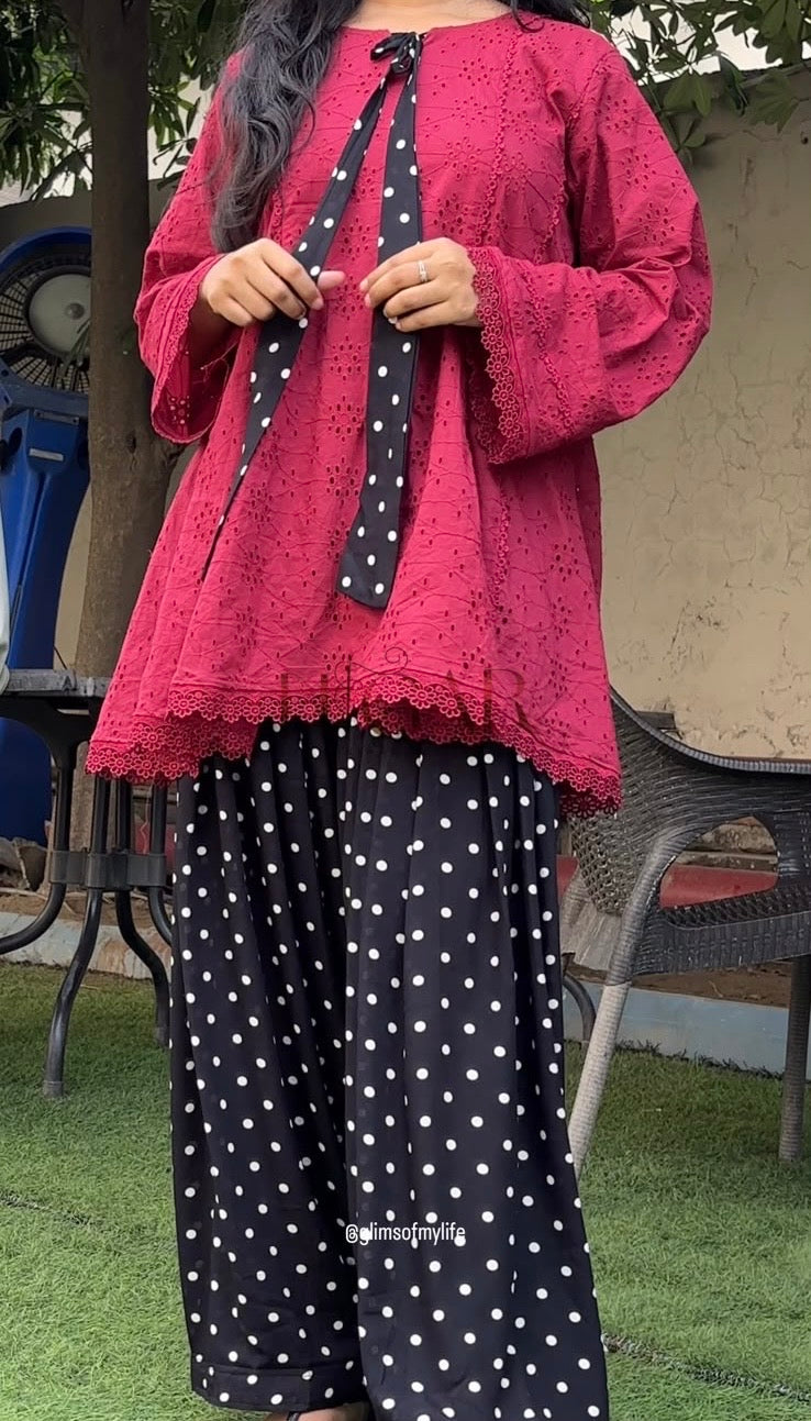 VIRAL MAROON WITH BOW POLKA DOTS CORD SET