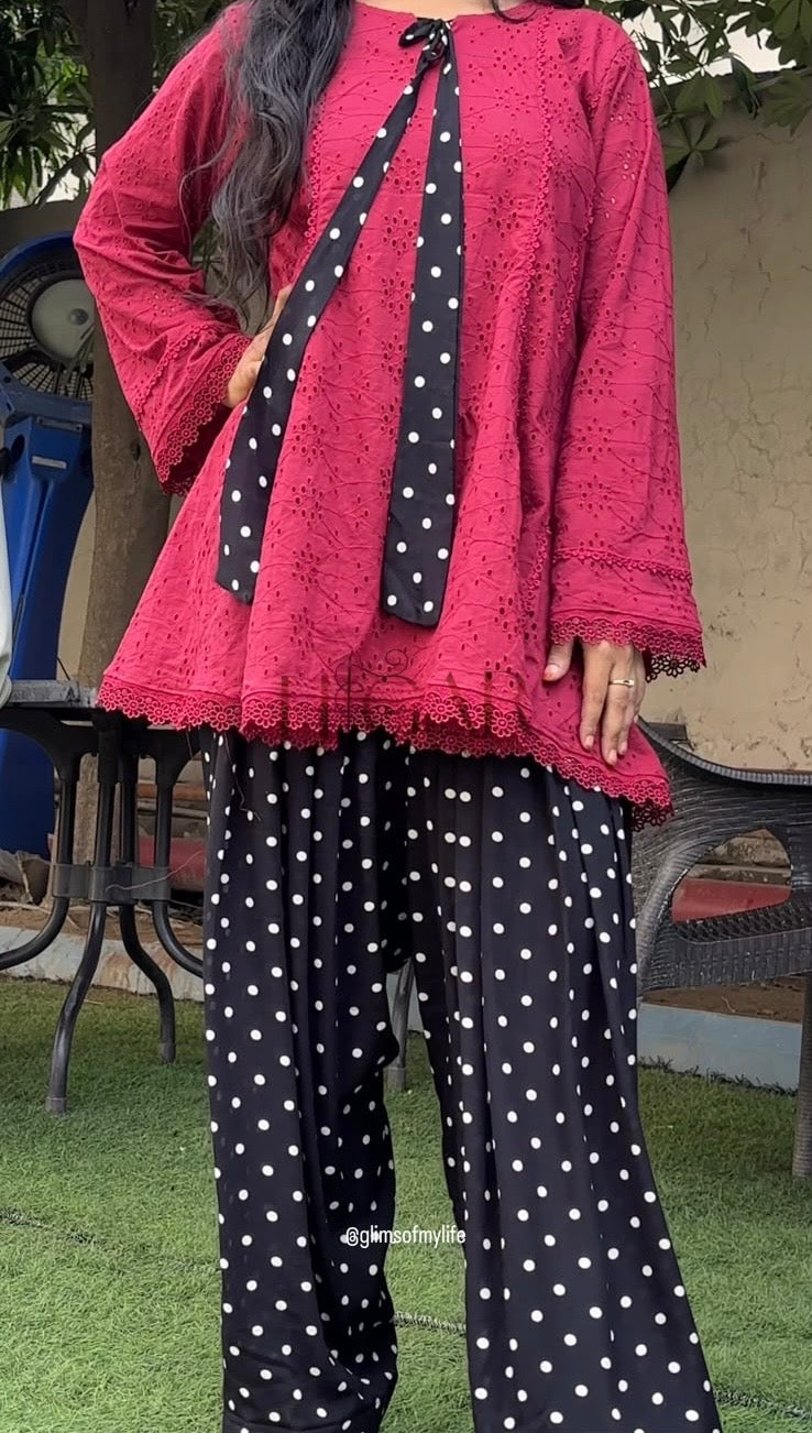 VIRAL MAROON WITH BOW POLKA DOTS CORD SET
