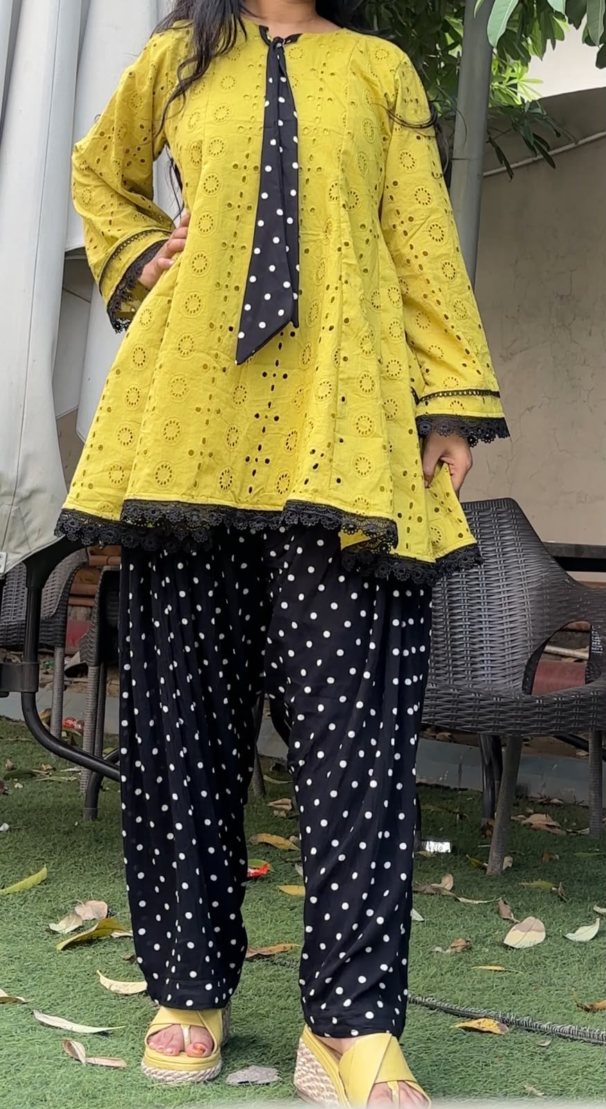 LEMON WITH BOW POLKA DOTS CORD SET