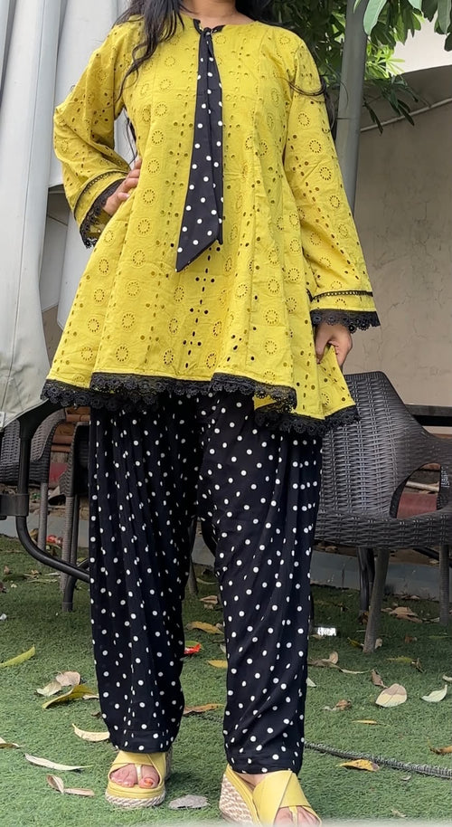 LEMON WITH BOW POLKA DOTS CORD SET