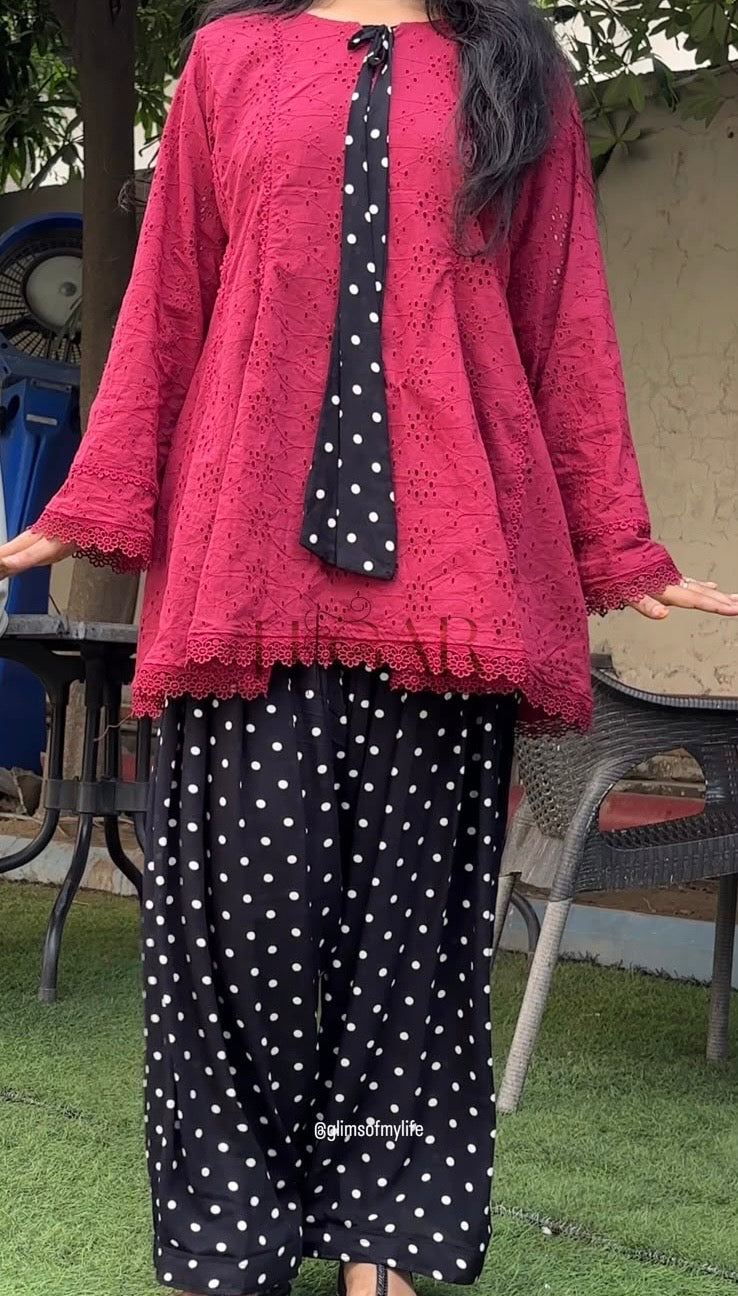 VIRAL MAROON WITH BOW POLKA DOTS CORD SET